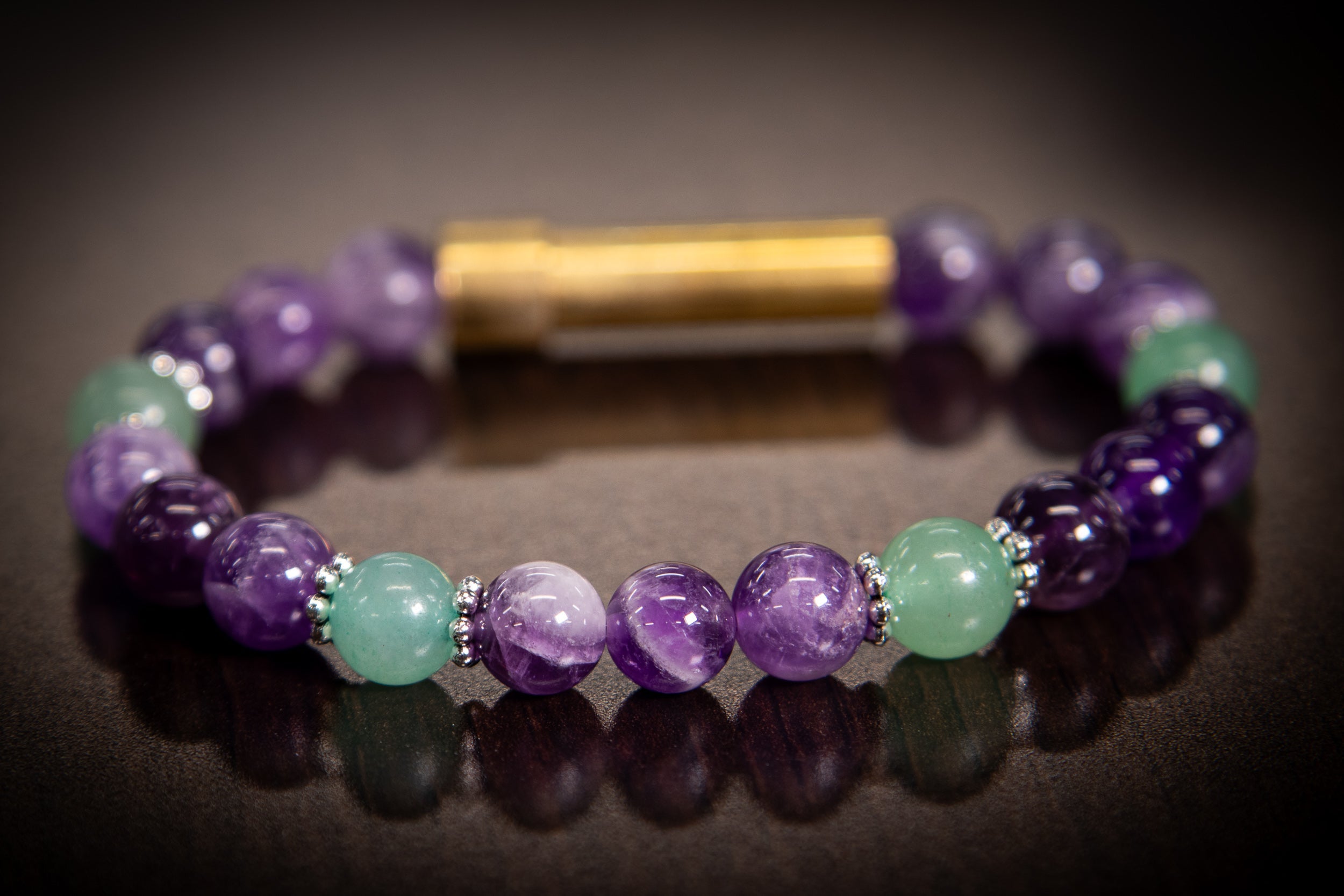 Silver cremation jewelry bracelet with amethyst and aventurine beads, designed for hair, fur, or ashes, by Spirit Pieces.