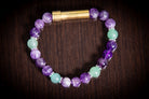 Silver cremation jewelry bracelet with amethyst and aventurine beads, designed for hair, fur, or ashes, by Spirit Pieces.