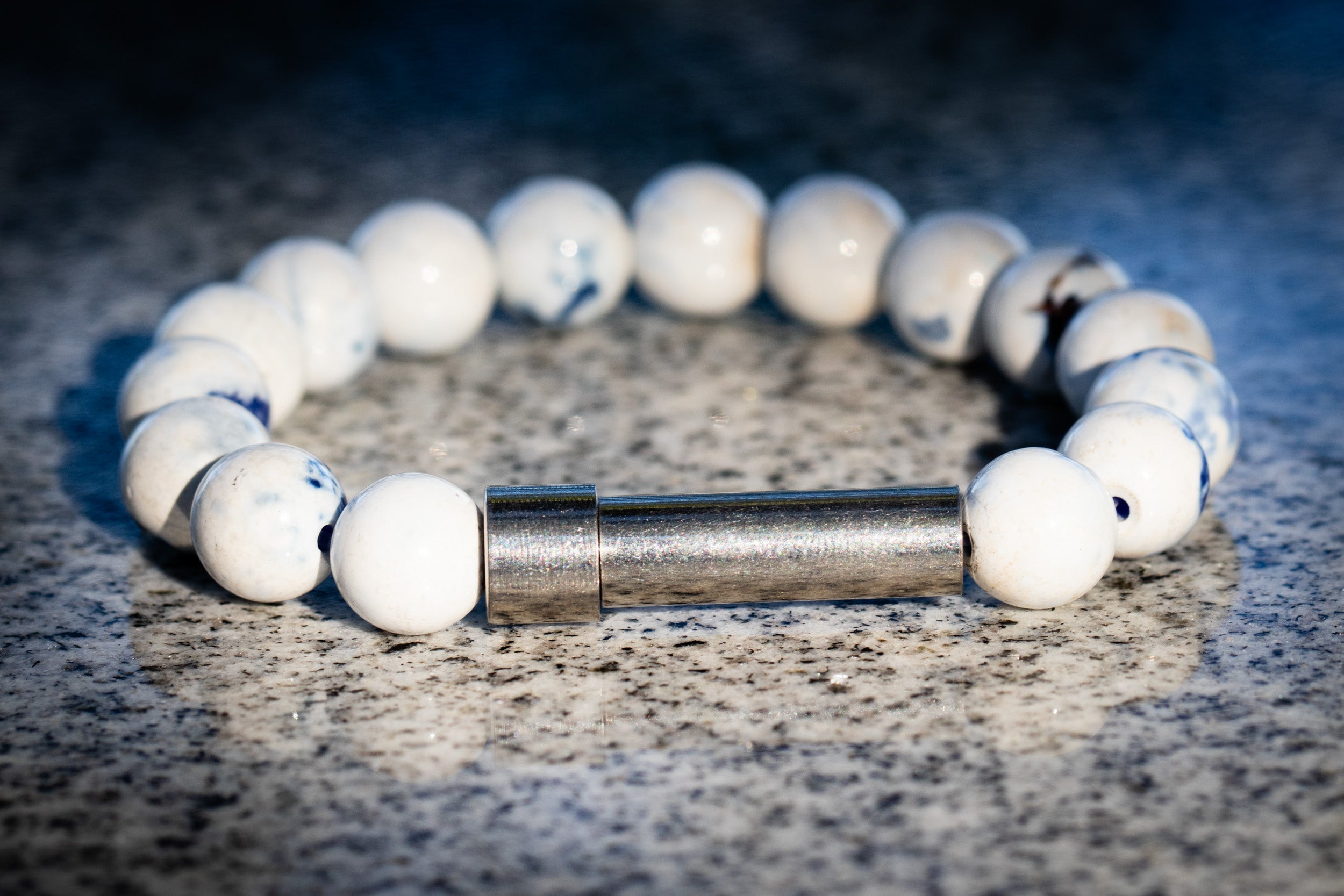 Silver Spirit Pieces cremation bracelet with blue spotted agate gemstone, designed for hair, fur, or ashes, featuring a petite design.