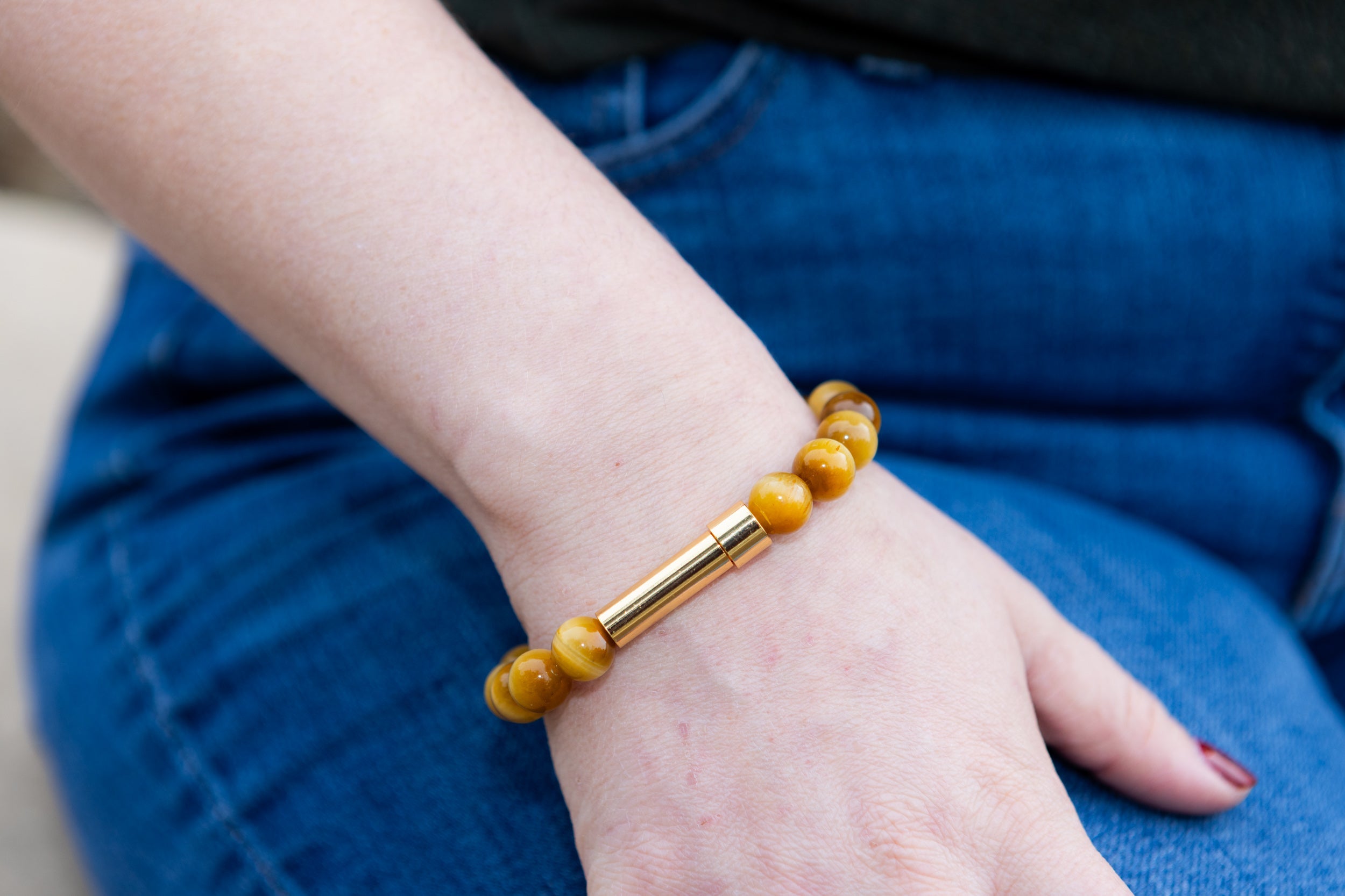 Silver Honey Tiger Eye Cremation Bracelet by Spirit Pieces, designed for hair, fur, or ash keepsake jewelry.