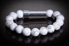 Silver Howlite healing bracelet by Spirit Pieces, cremation jewelry for hair, fur, or ashes, featuring polished stone beads.