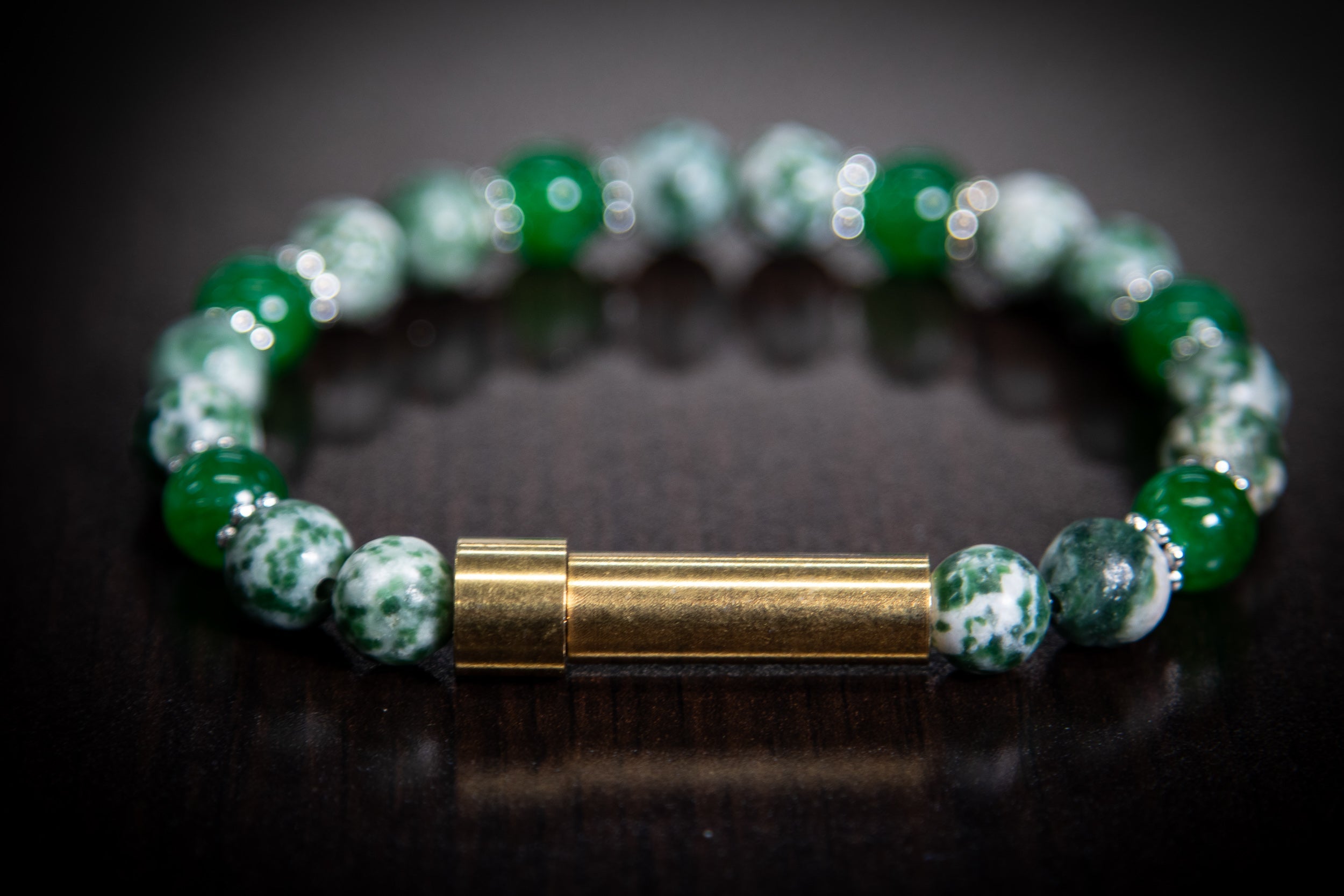 Silver cremation jewelry bracelet with jade and tree agate stones, designed for hair, fur, or ash keepsakes by Spirit Pieces.