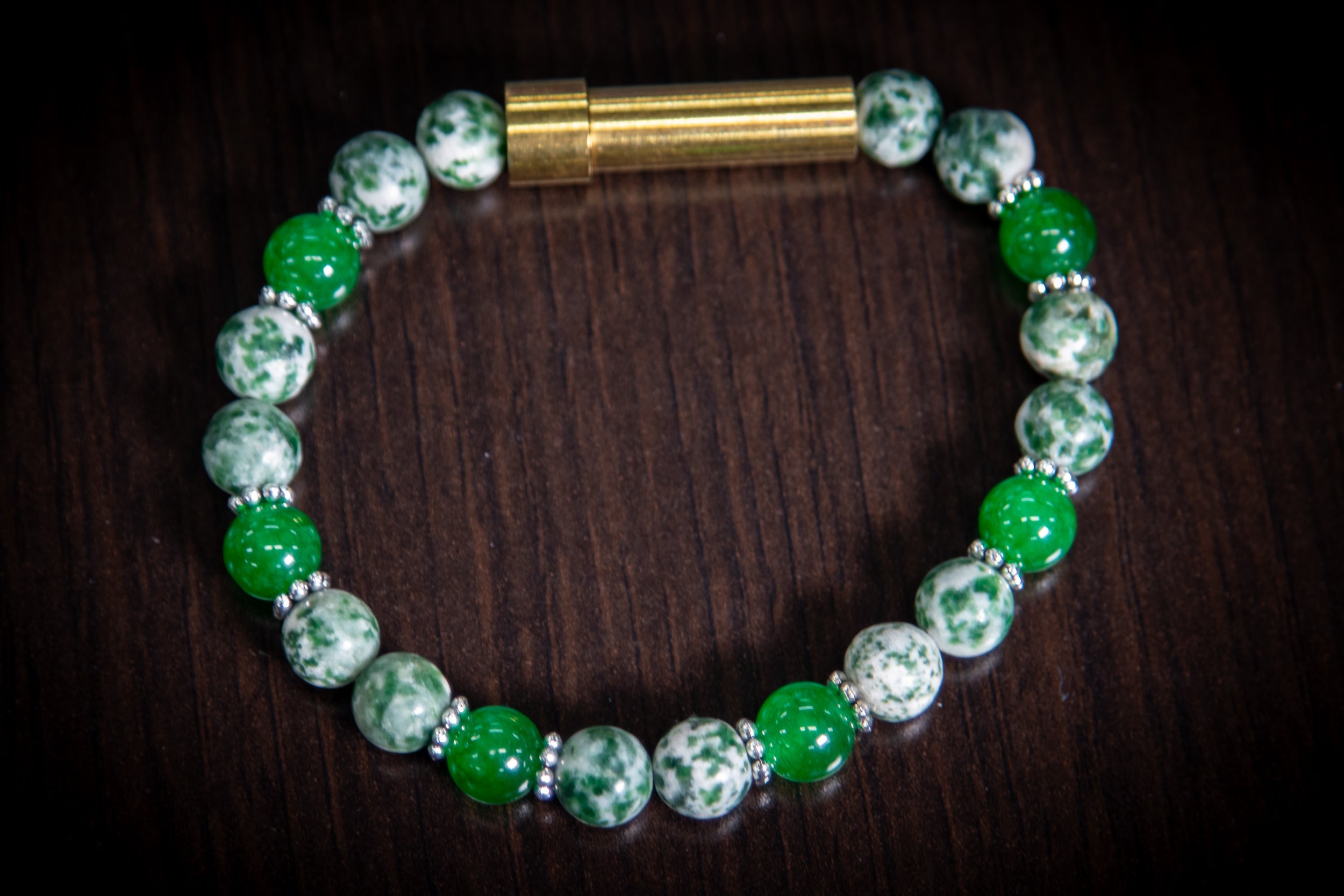 Silver cremation jewelry bracelet by Spirit Pieces with jade and tree agate beads, designed for hair, fur, or ash keepsakes.