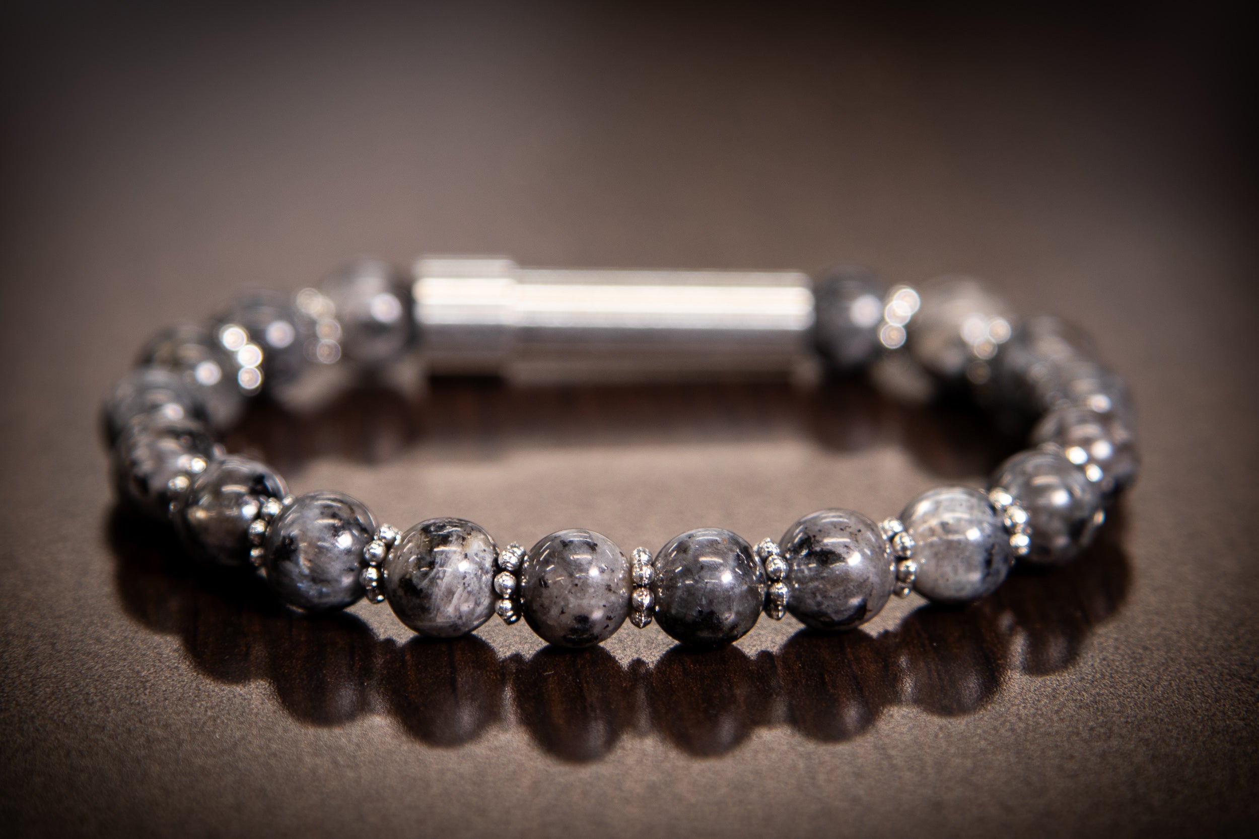 Silver Labradorite Healing Bracelet by Spirit Pieces, cremation jewelry for hair, fur, or ashes, featuring polished stones.
