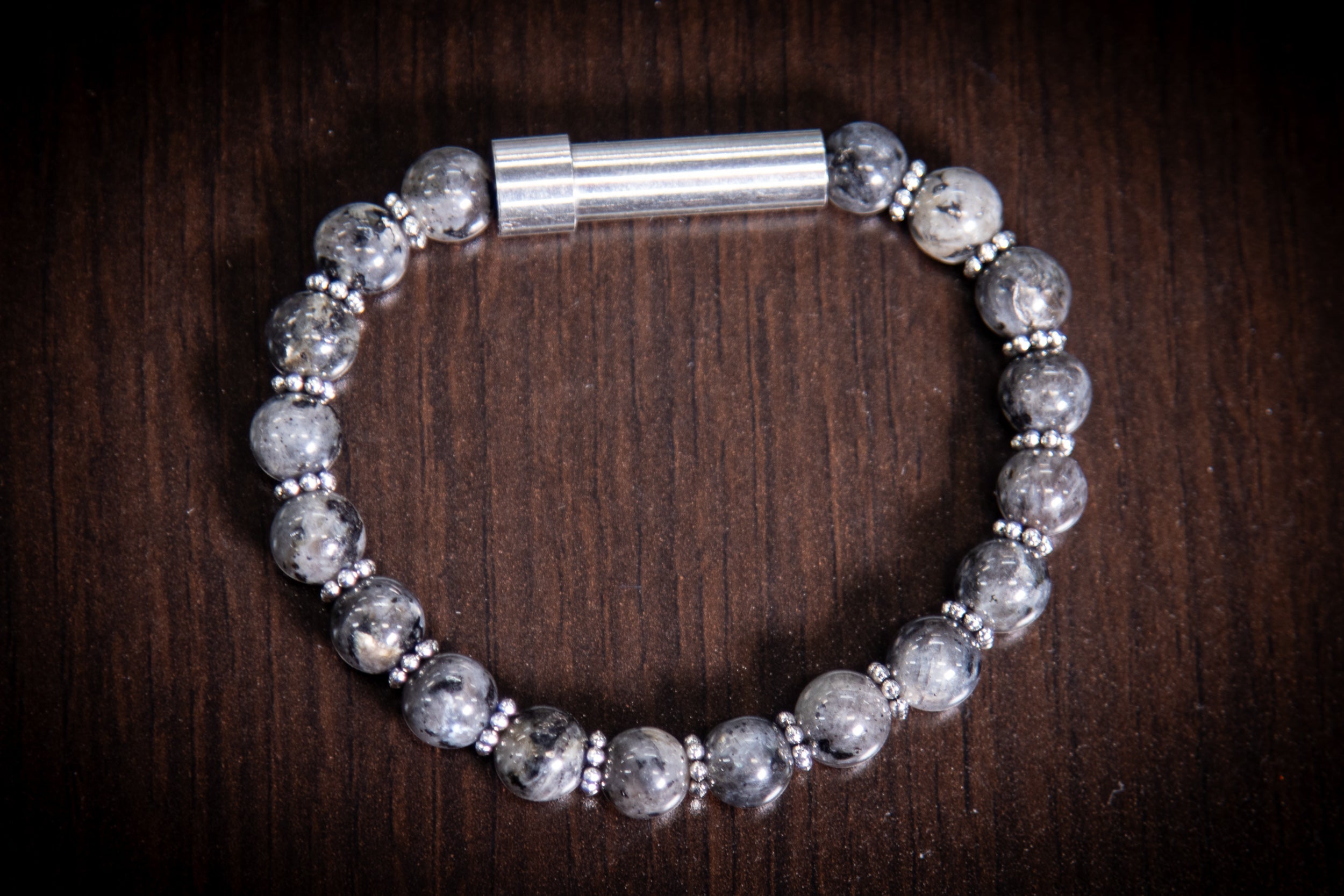 Silver Labradorite healing bracelet by Spirit Pieces, designed for hair, fur, or ash cremation jewelry, with polished gemstone beads.