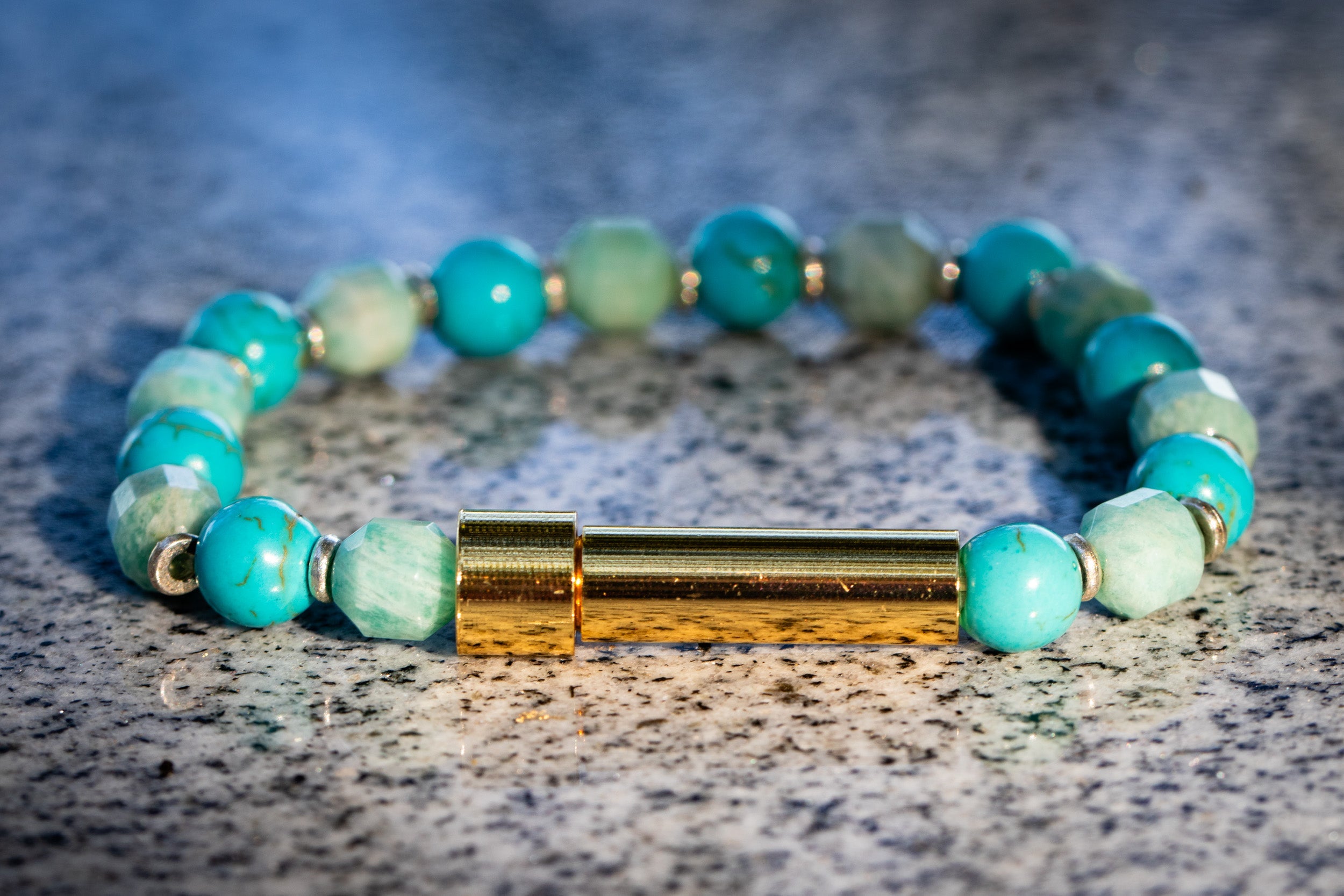 Silver Spirit Pieces cremation jewelry bracelet with Magnesite and Amazonite beads, designed for hair, fur, or ash keepsake.