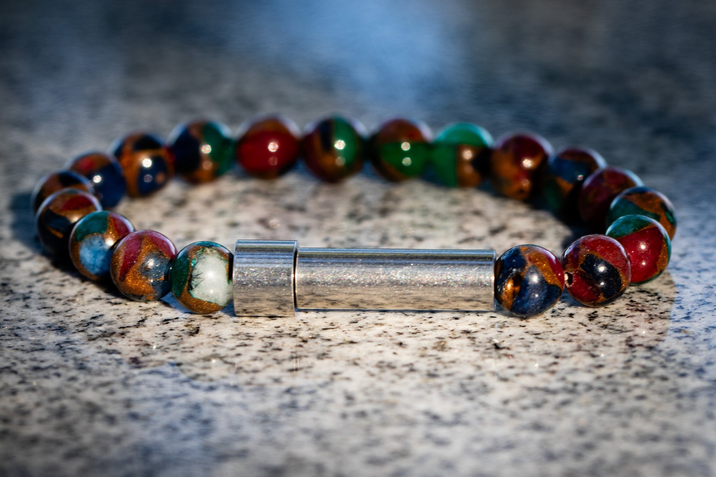 Silver Mosaic Jasper cremation bracelet by Spirit Pieces, featuring a petite design for hair, fur, or ashes.