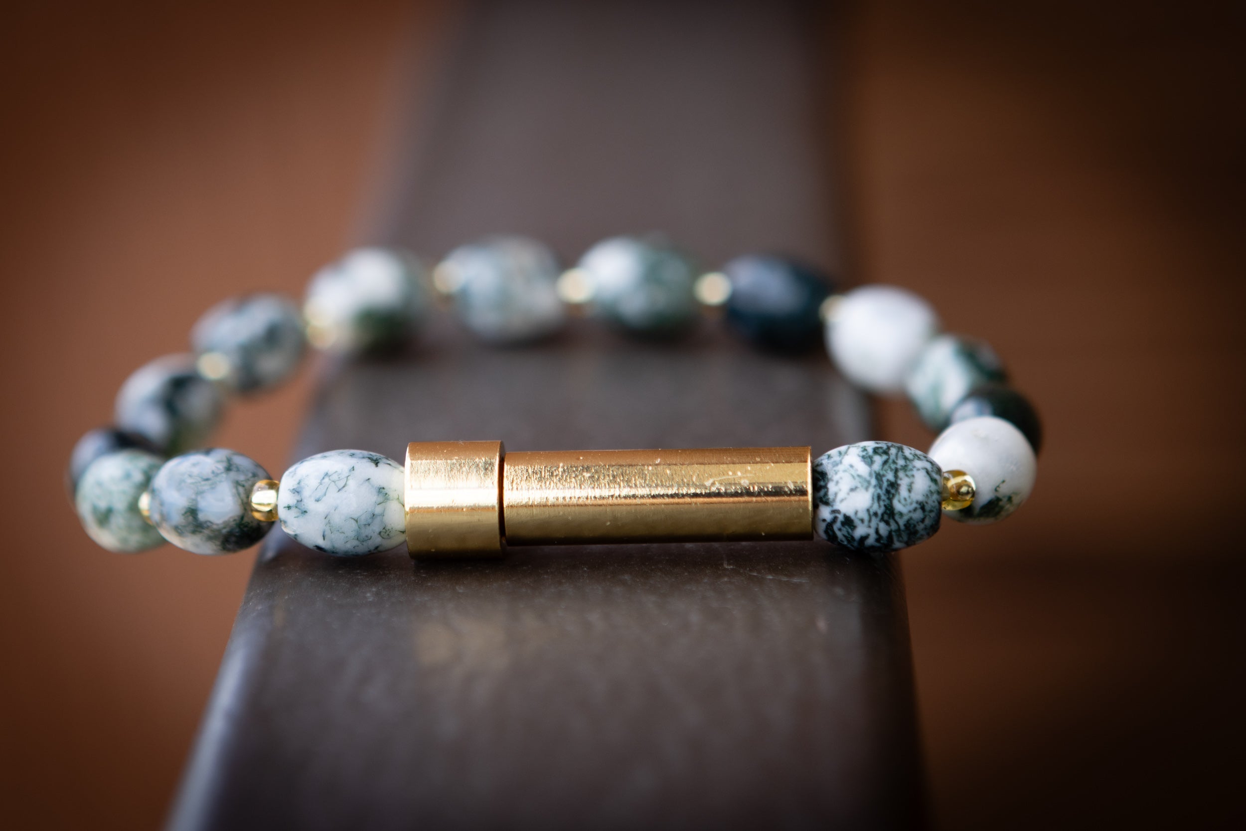 Silver Moss Agate Barrel Bracelet for hair, fur, or ash cremation jewelry by Spirit Pieces, featuring a smooth, polished stone design.