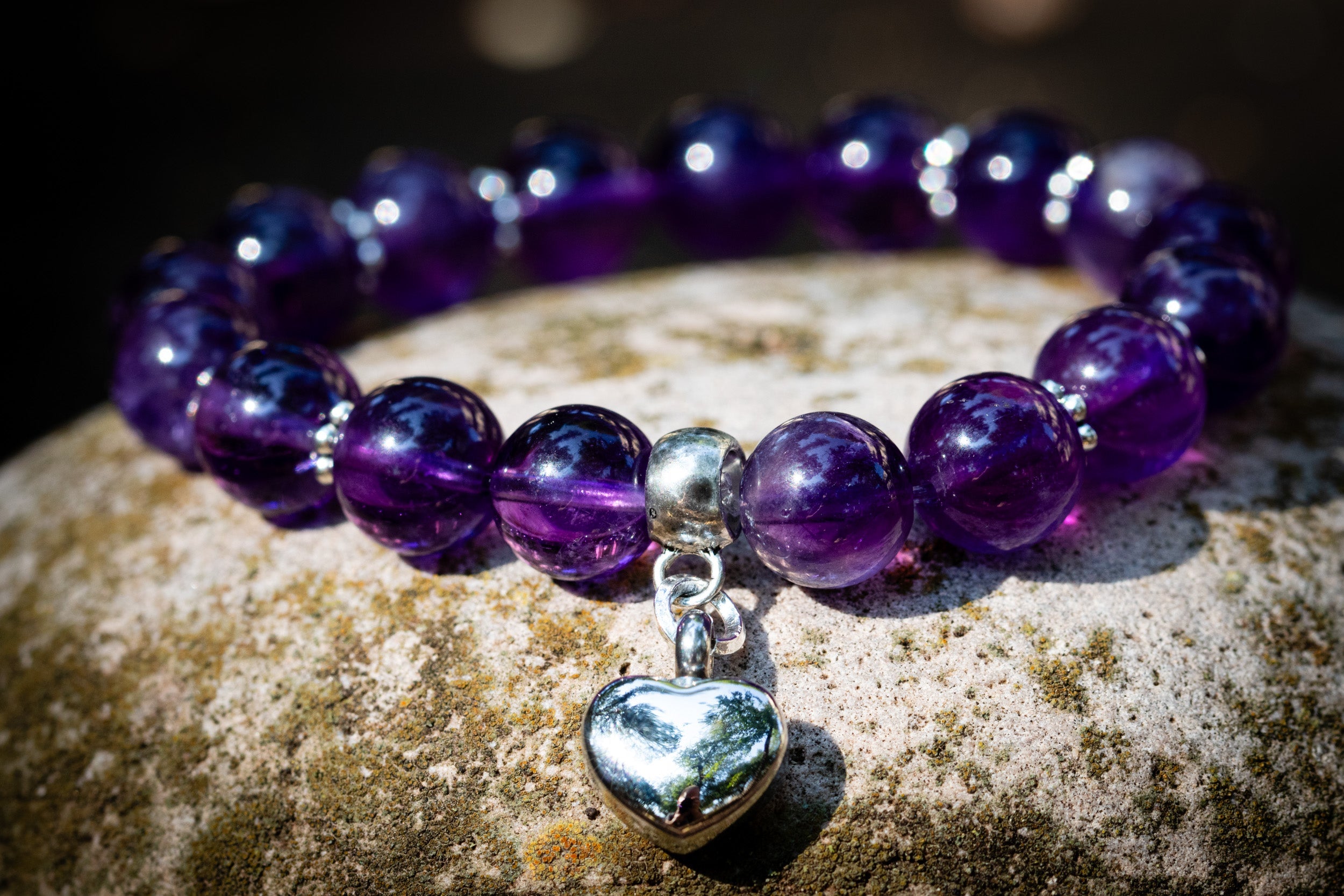Silver Dark Amethyst Keepsake Heart Bracelet by Spirit Pieces, cremation jewelry bracelet with a petite heart design.