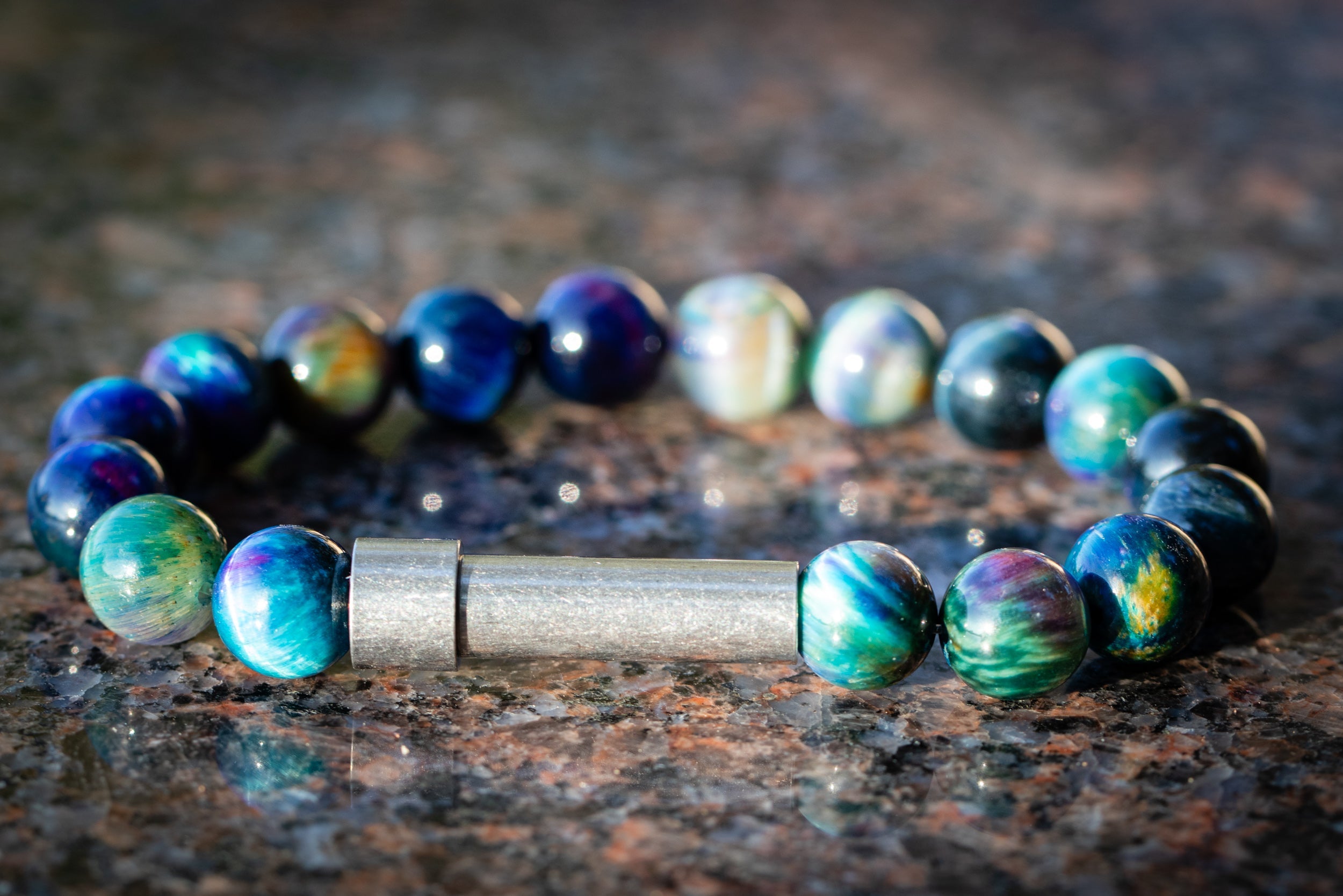 Silver Rainbow Tiger Eye II cremation bracelet by Spirit Pieces, featuring a petite design for hair, fur, or ashes.
