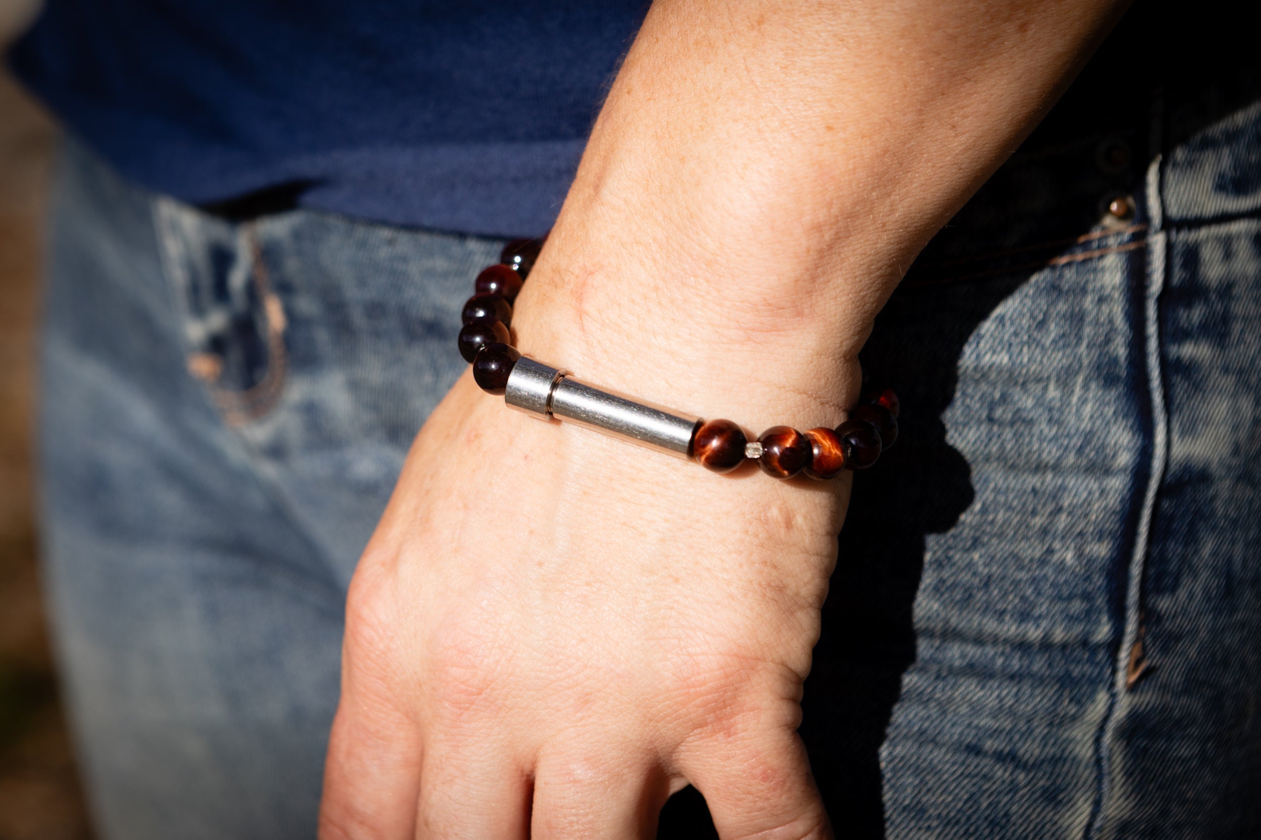 Red Tiger Eye cremation jewelry bracelet by Spirit Pieces featuring a silver petite design for hair, fur, or ashes.
