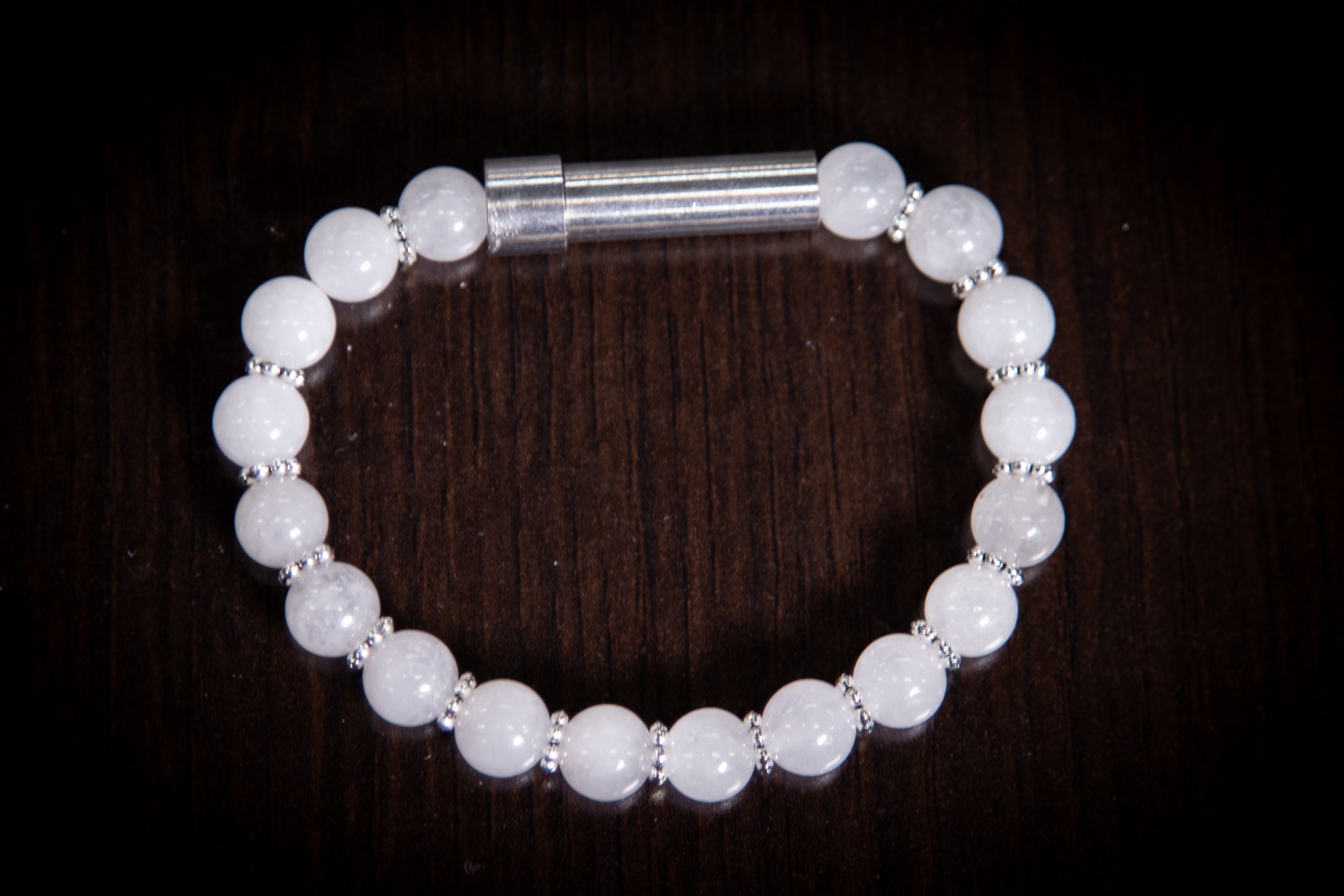 Silver Snow Quartz cremation jewelry bracelet by Spirit Pieces, designed for hair, fur, or ash with a delicate, elegant style.