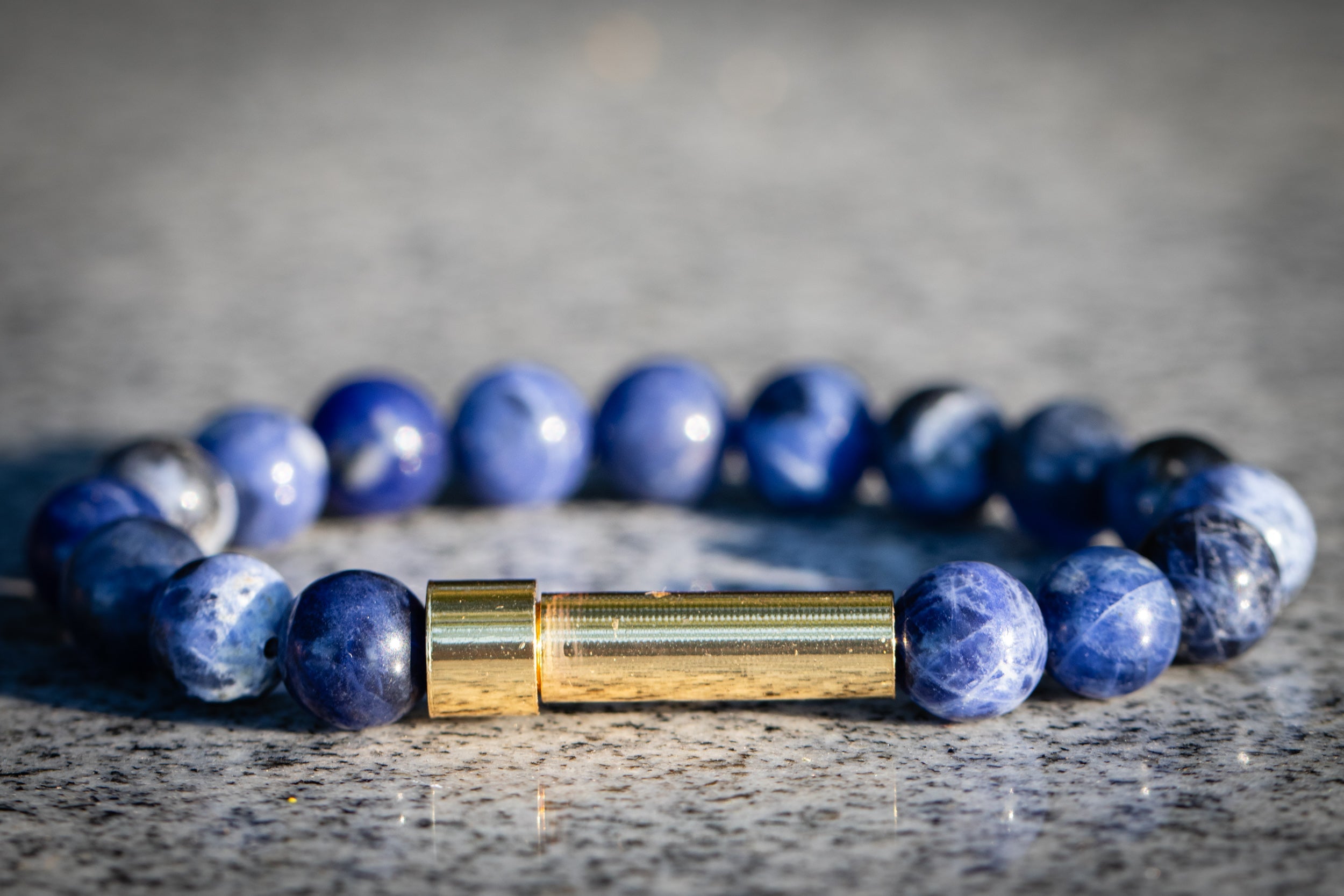 Silver Sodalite cremation bracelet by Spirit Pieces, petite size, designed for hair, fur, or ashes, with polished gemstone accents.