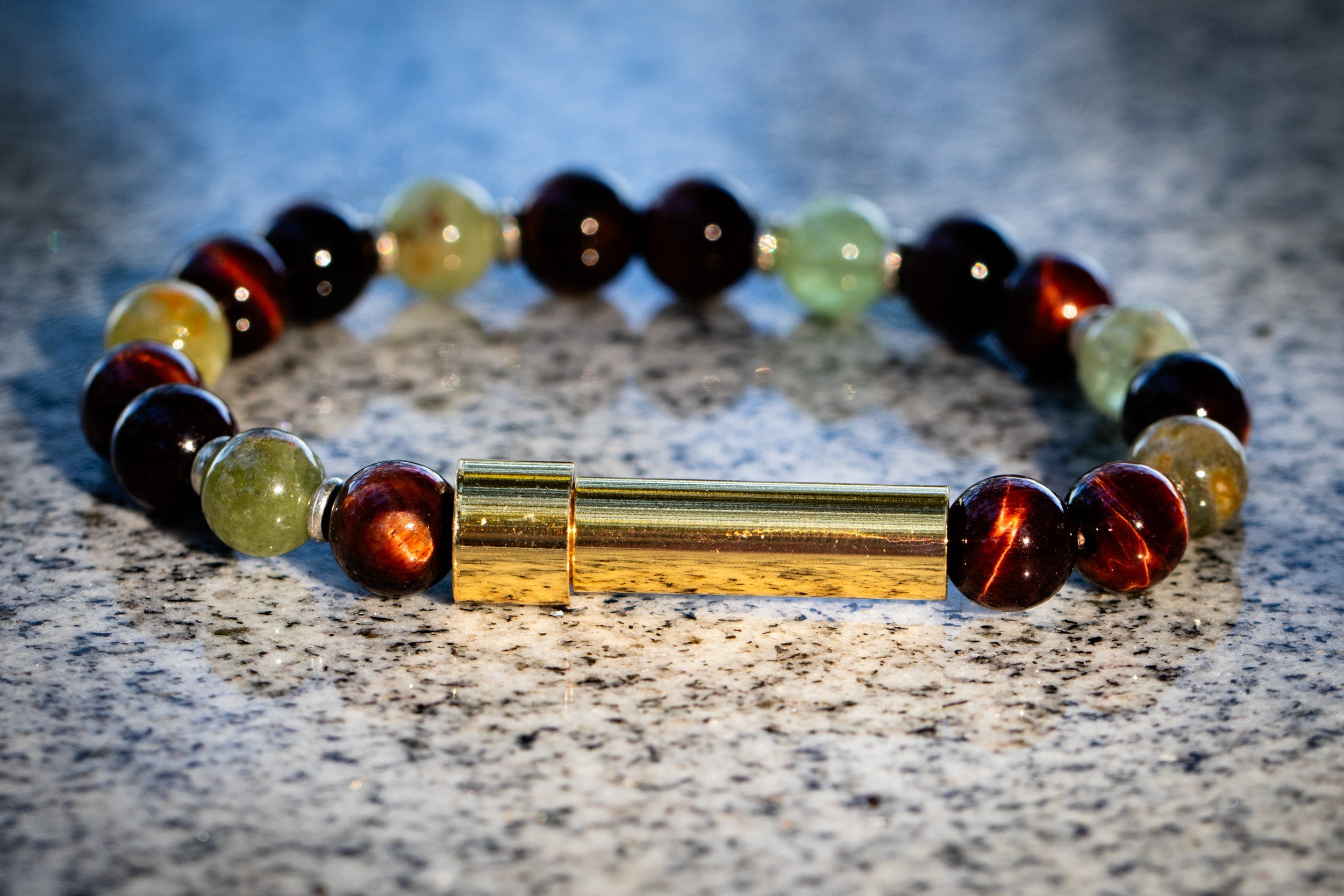 Silver Tiger Eye and Garnet cremation bracelet by Spirit Pieces featuring small beads for hair, fur, or ash memorial jewelry.