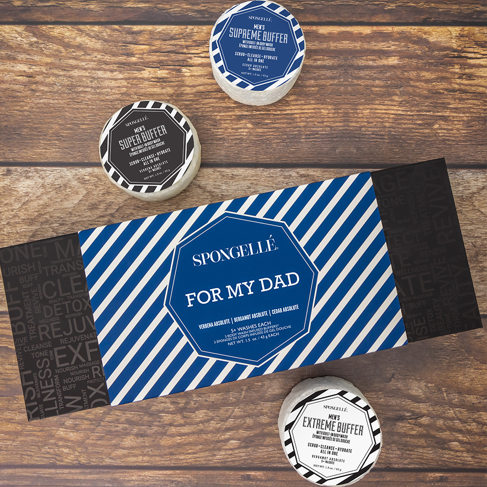 Spongellé For My Dad bath gift set with exfoliating body washes and spa accessories arranged in a gift box.