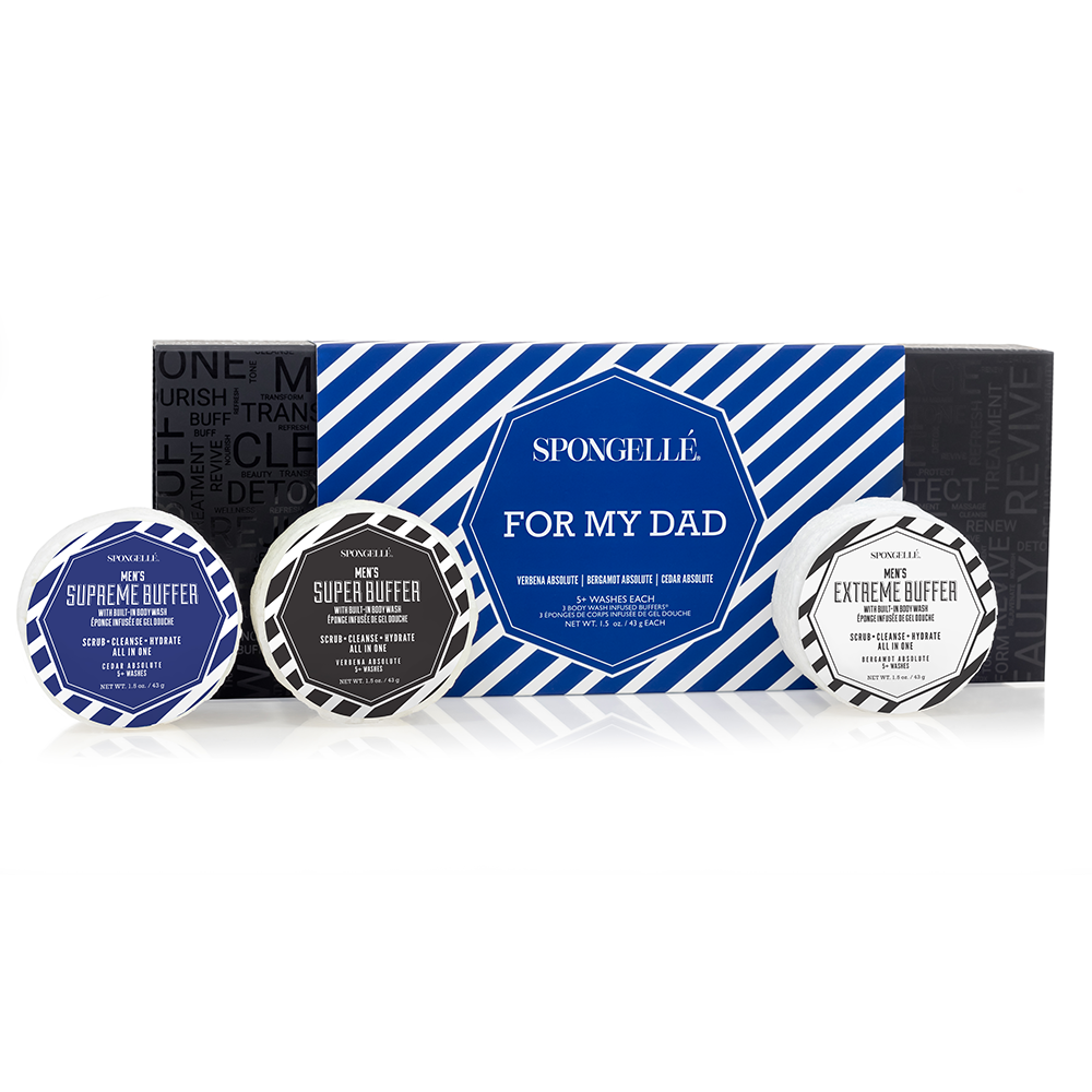 Spongellé For My Dad bath gift set featuring exfoliating body wash-infused sponges and grooming essentials.