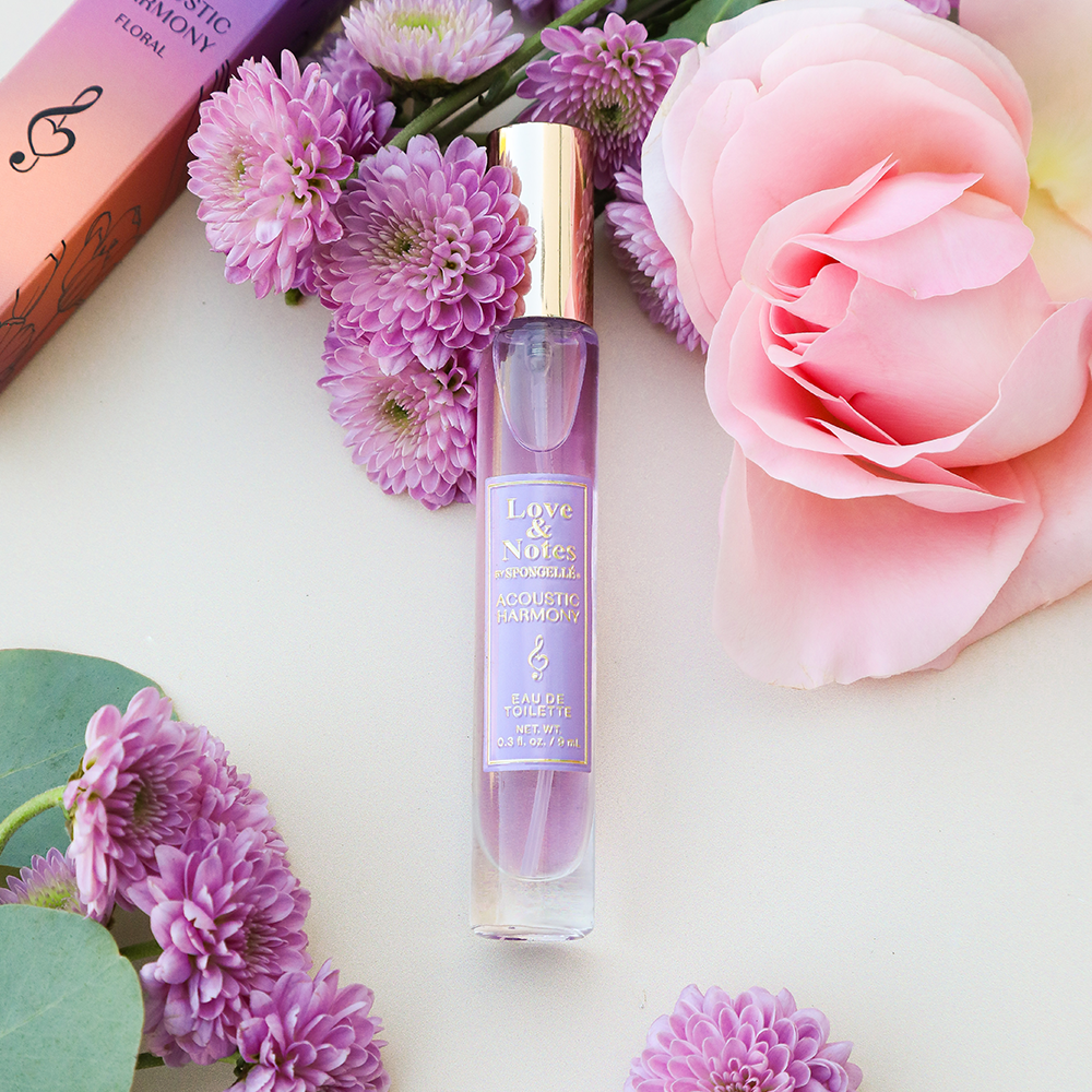 Spongellé Acoustic Harmony Love & Notes Eau de Toilette body fragrance bottle with floral and musky scent design.