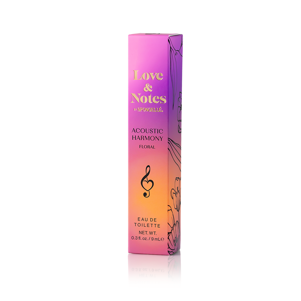 Spongellé Acoustic Harmony Love & Notes Eau de Toilette body fragrance bottle with floral and citrus notes.