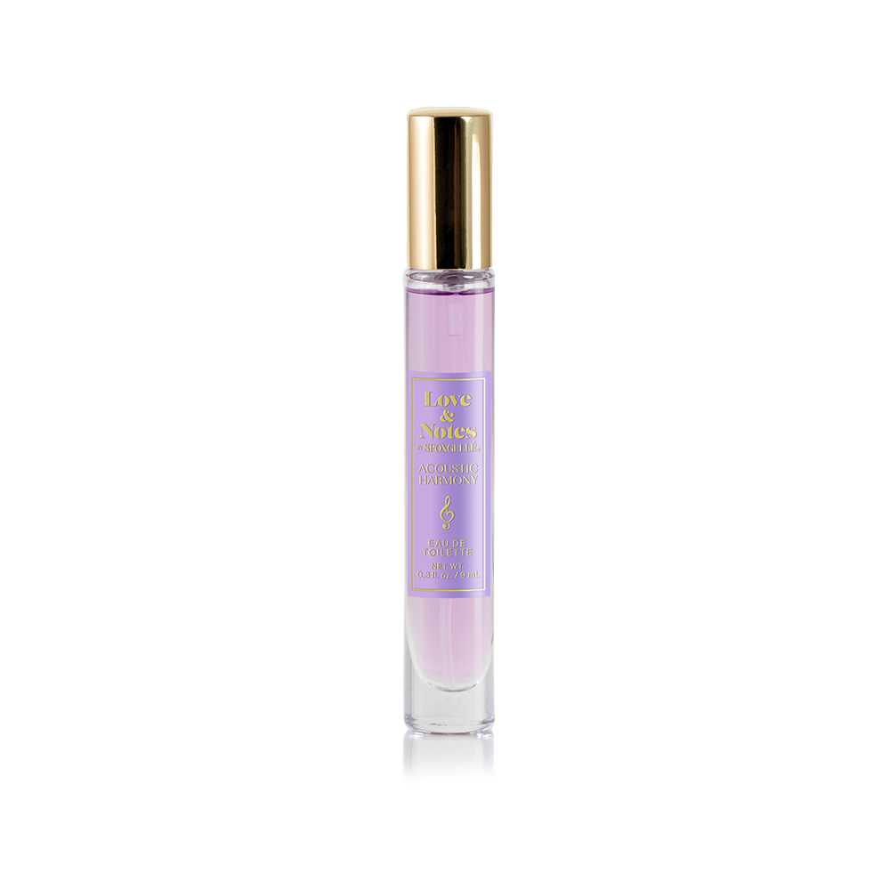 Spongellé Acoustic Harmony Love & Notes Eau de Toilette body fragrance bottle with floral and citrus notes.