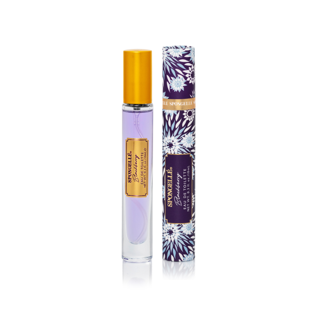 Spongellé Blackberry Private Reserve Eau de Toilette body fragrance bottle with black label and silver cap.