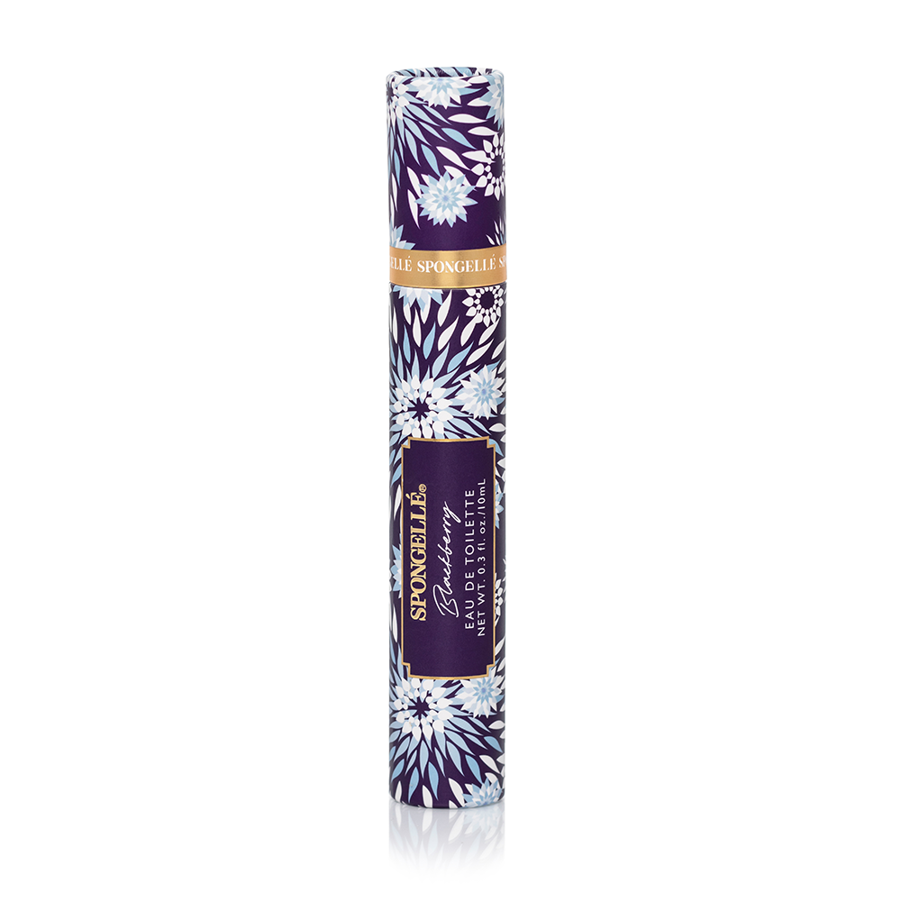 Spongellé Blackberry Private Reserve Eau de Toilette body fragrance bottle with black and purple design.