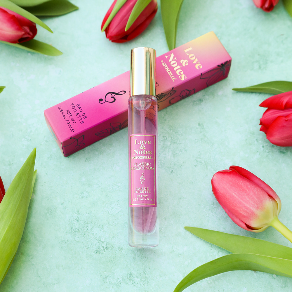 Spongellé Classic Crescendo Love & Notes Eau de Toilette body fragrance bottle with floral design.