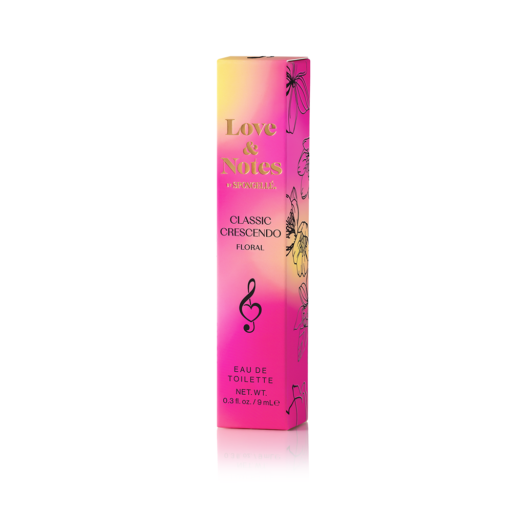 Spongellé Classic Crescendo Love & Notes Eau de Toilette body fragrance bottle with elegant design and floral accents.