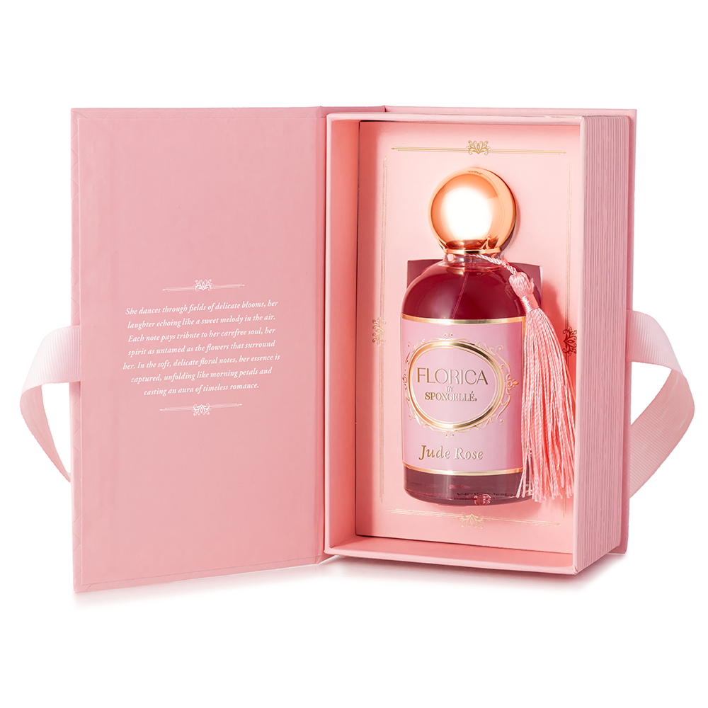 Spongellé Jude Rose Eau de Parfum body fragrance bottle with elegant floral design and pink accents.