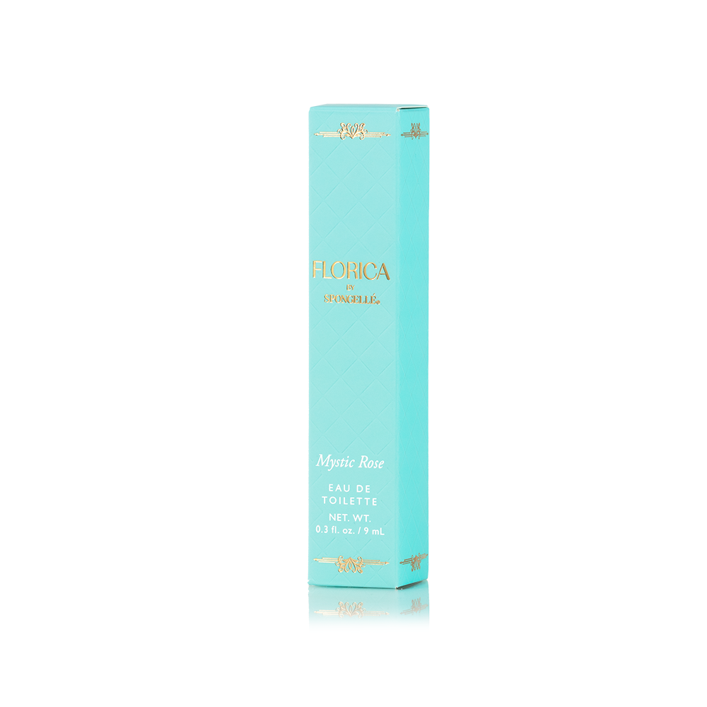Spongellé Mystic Rose Eau de Toilette body fragrance bottle with floral design and elegant packaging.