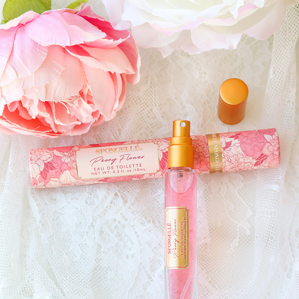 Spongellé Private Reserve Peony Flower Eau de Toilette body fragrance bottle with floral design and elegant packaging.