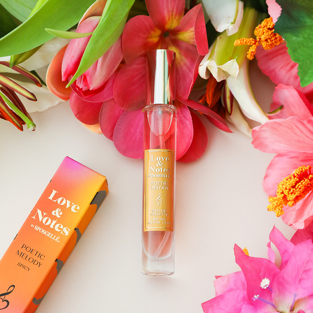 Spongellé Poetic Melody Love & Notes Eau de Toilette body fragrance bottle with floral and fruity scent details