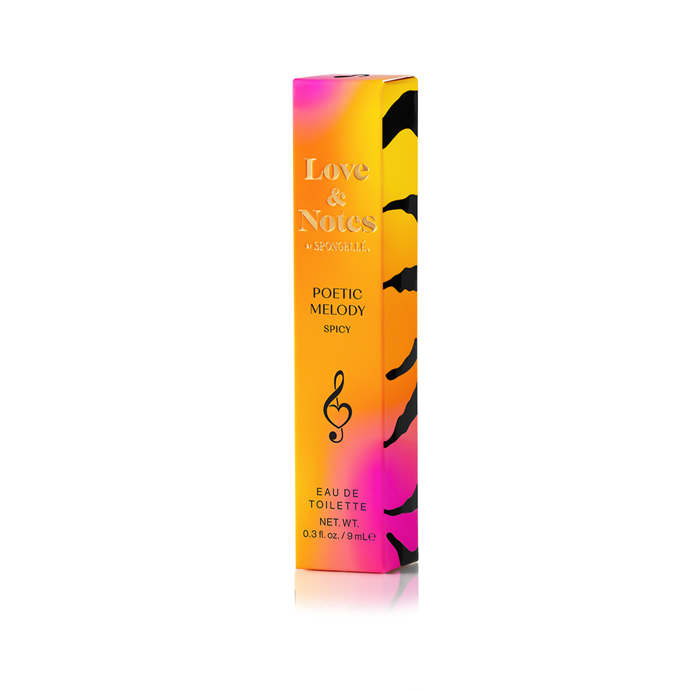 Spongellé Poetic Melody Love & Notes Eau de Toilette body fragrance bottle with floral design and elegant packaging.