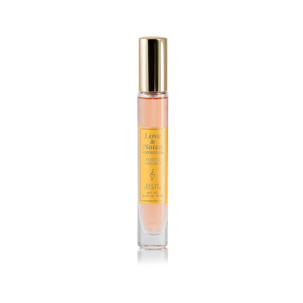 Spongellé Poetic Melody Love & Notes Eau de Toilette body fragrance bottle with floral and fruity scent details.