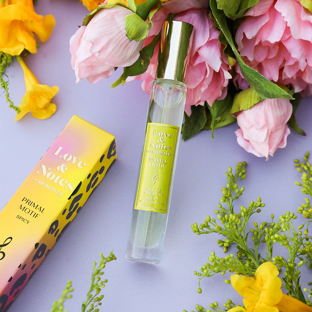 Spongellé Primal Motif Love & Notes Eau de Toilette body fragrance bottle with floral and fruity design.