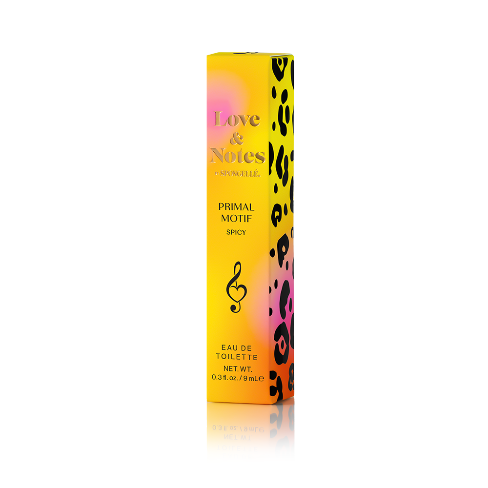 Spongellé Love & Notes Primal Motif body fragrance Eau de Toilette with floral and musky notes in a sleek bottle.