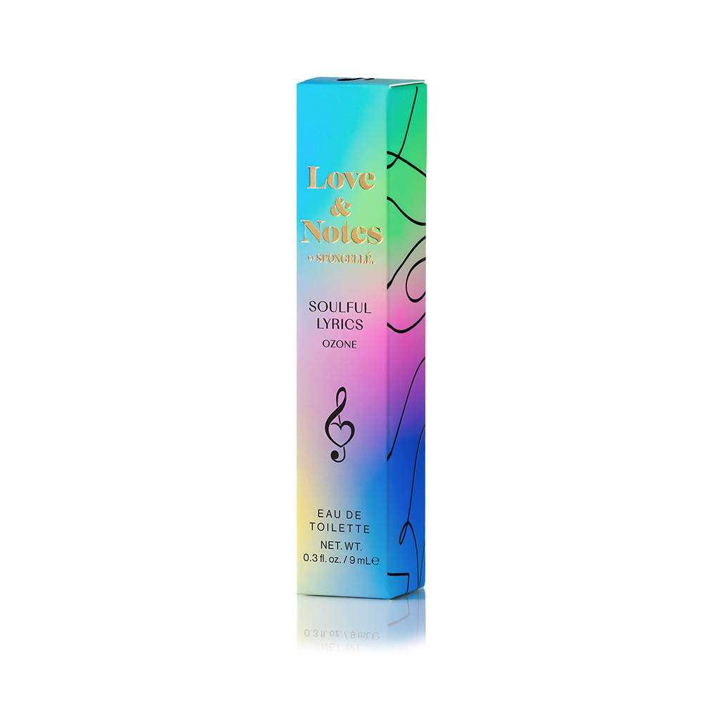 Spongellé Soulful Lyrics Love & Notes Eau de Toilette body fragrance bottle with floral and musky scent details.