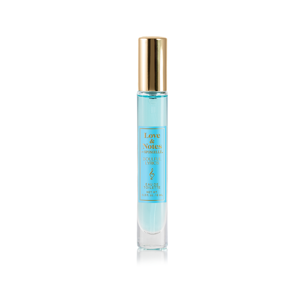 Spongellé Soulful Lyrics Love & Notes Eau de Toilette body fragrance bottle with floral and fruity scent details.