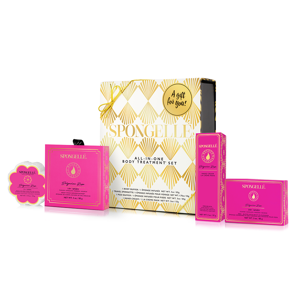 Spongellé Bulgarian Rose and Daisy Body Gift Set with scented body wash and exfoliating sponge in elegant packaging