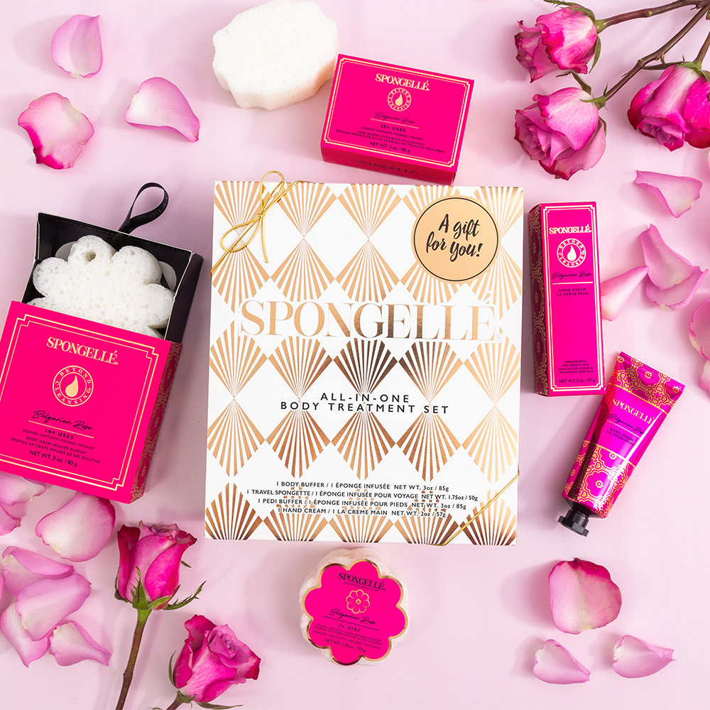 Spongellé Bulgarian Rose Daisy Body Gift Set with floral-scented body wash and exfoliating sponges, elegant gift packaging.