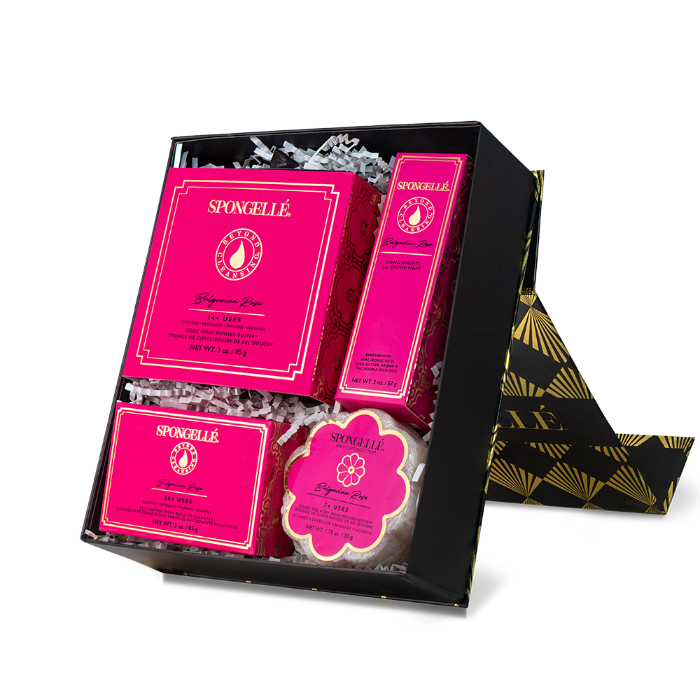 Spongellé Bulgarian Rose Daisy Body Gift Set with floral-themed body wash and sponge for luxurious skincare.