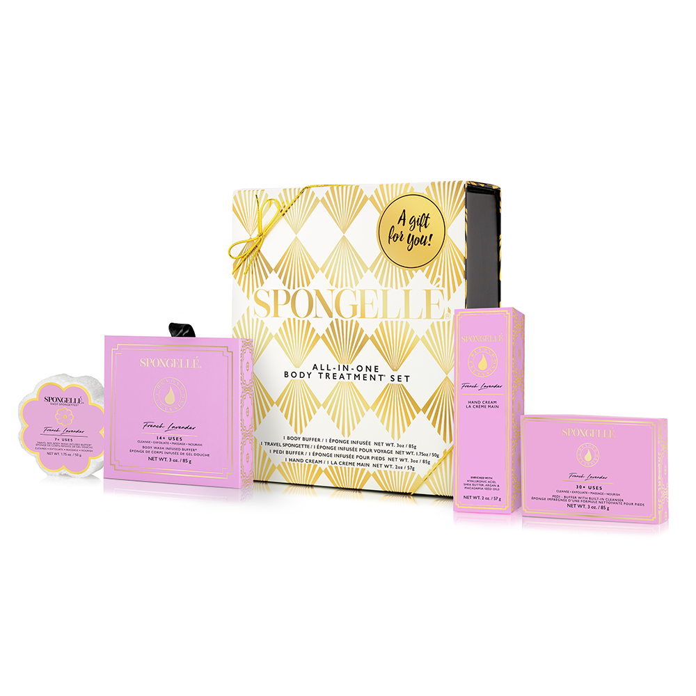 Spongellé French Lavender Daisy Body Gift Set with lavender-scented products and floral packaging.