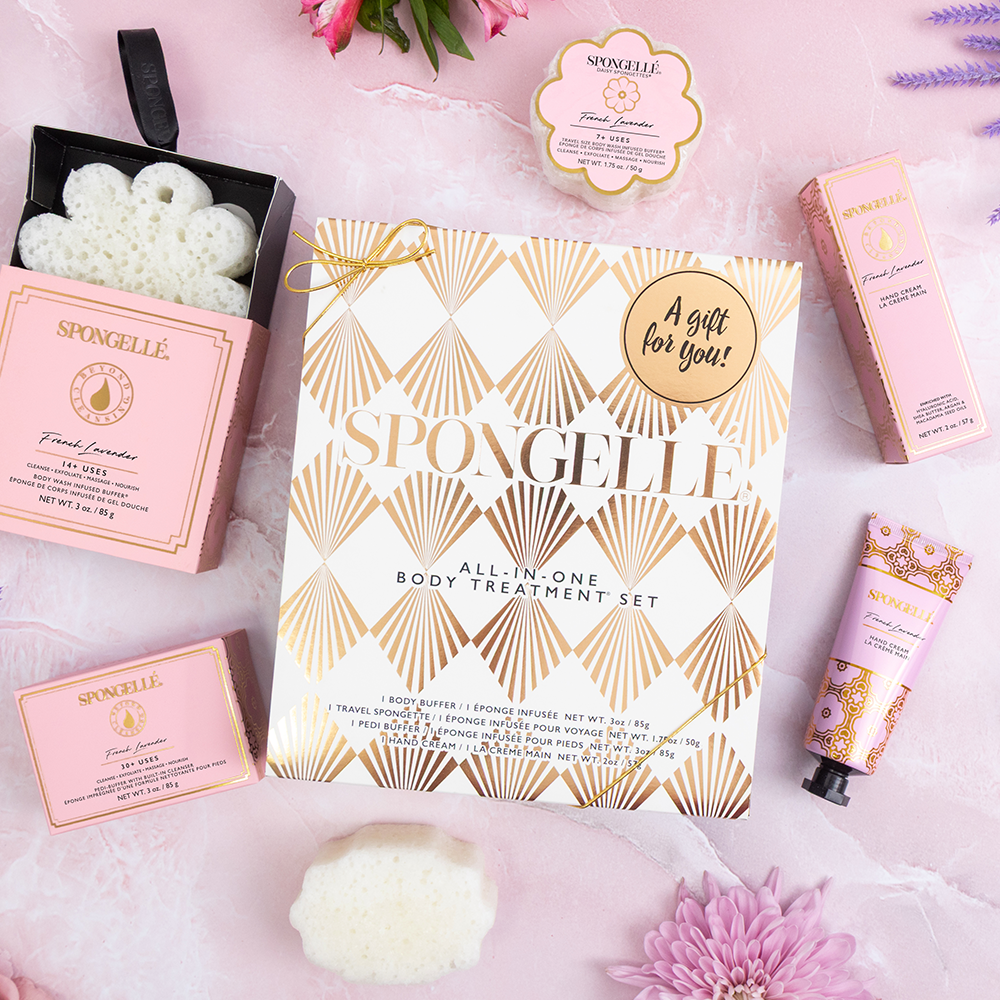 Spongellé French Lavender Daisy Body Gift Set with lavender-scented products and floral packaging.