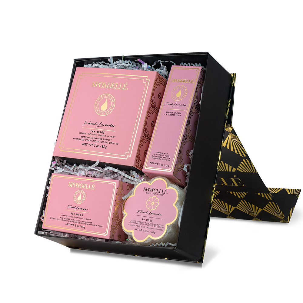 French Lavender and Daisy Body Gift Set by Spongellé, featuring scented body wash, lotion, and exfoliating products.