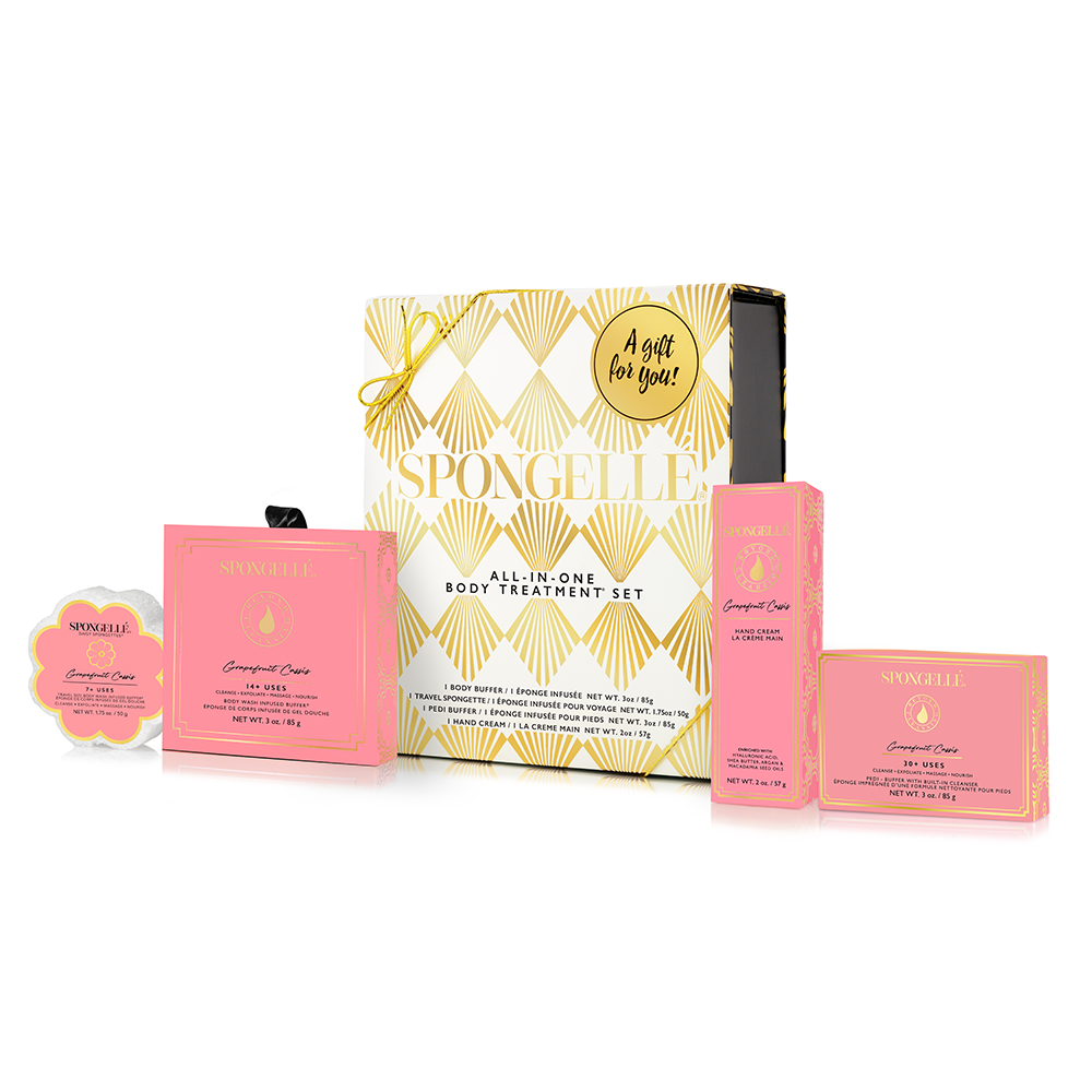 Spongellé Grapefruit Cassis Daisy Body Gift Set with exfoliating body wash and lotion in floral packaging.