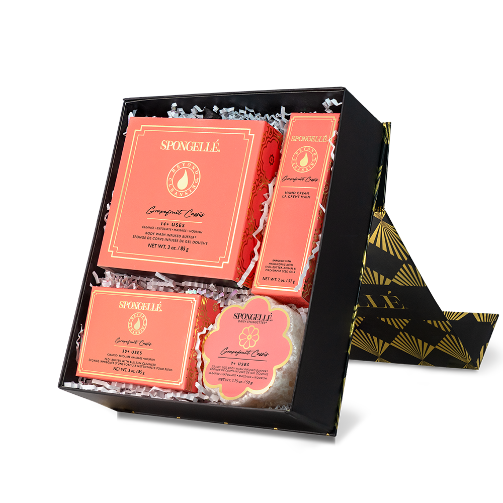 Spongellé Grapefruit Cassis Daisy Body Gift Set with exfoliating body wash and sponge in elegant packaging.