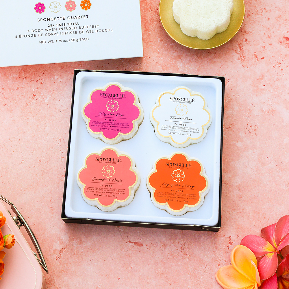 Spongellé Spongette Quartet Body Gift Set with four exfoliating body sponges on a white background.