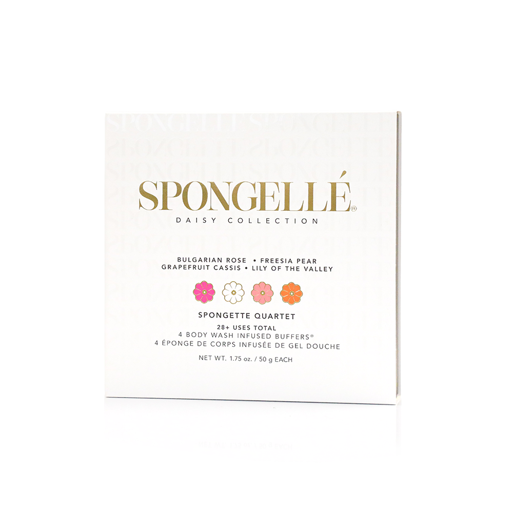 Spongellé Spongette Quartet Body Gift Set with four exfoliating body sponges in colorful packaging.