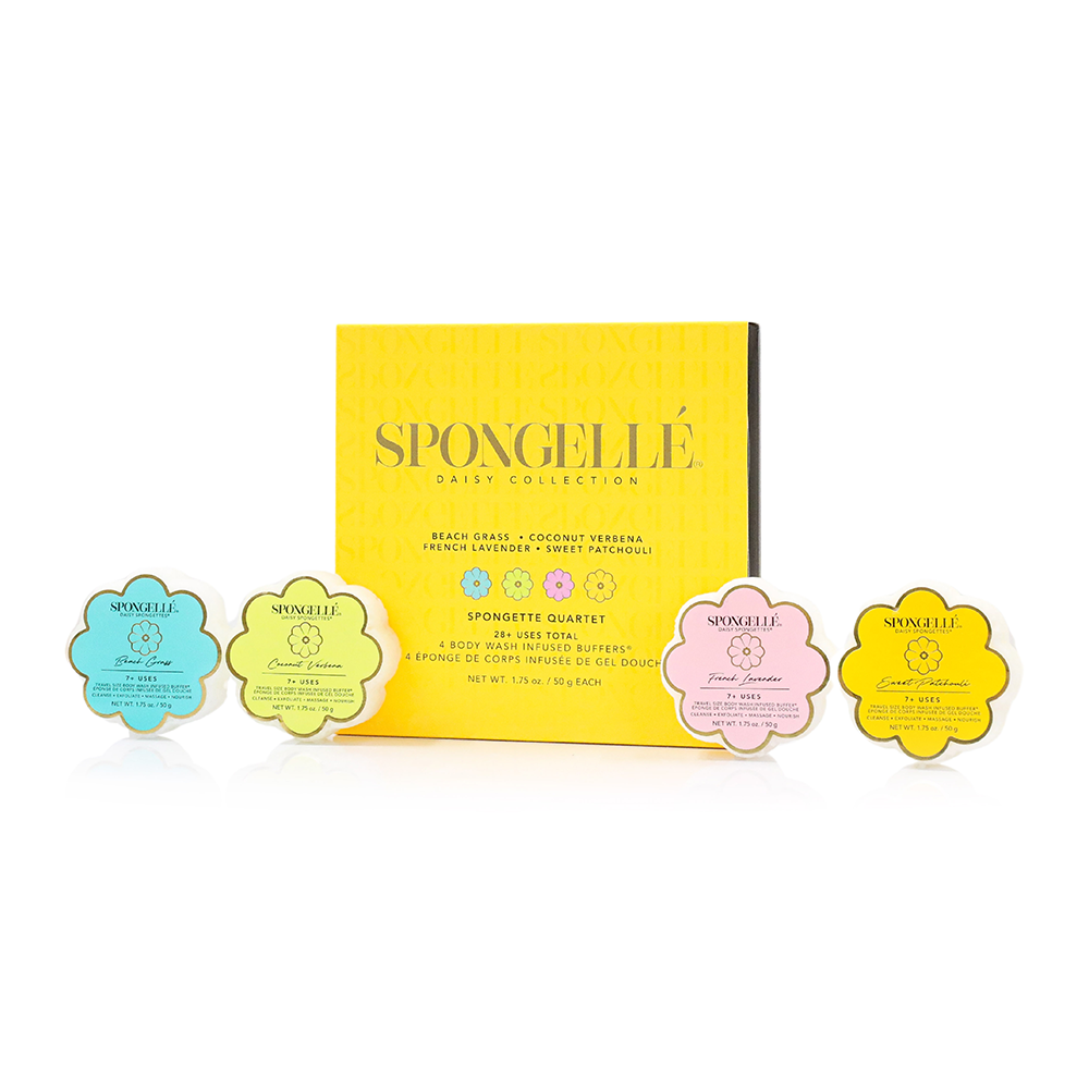 Spongellé Spongette Quartet Body Gift Set with four exfoliating body sponges in colorful packaging