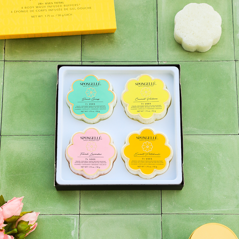 Spongellé Spongette Quartet Body Gift Set with four exfoliating bath sponges in elegant packaging.