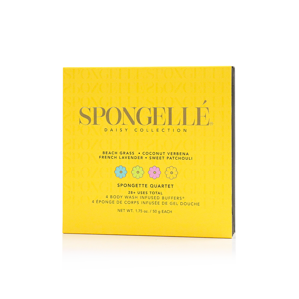 Spongellé Spongette Quartet Body Gift Set with four exfoliating body sponges in colorful packaging.